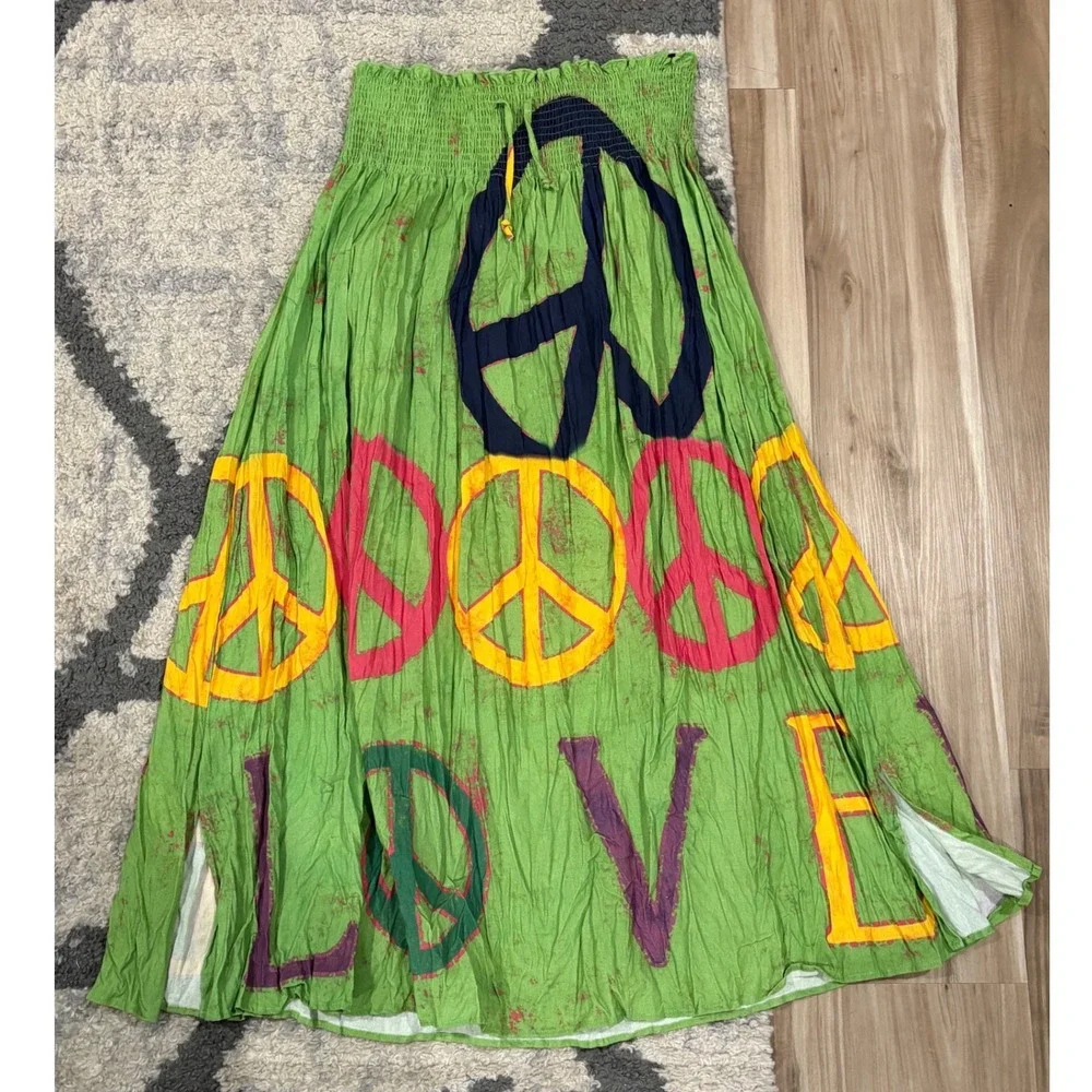 A Rare Bird Green Peace Love Cotton Smocked Maxi Skirt Boho Festival O/S xx